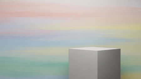 A simple gray cube pedestal is positioned in the foreground against a soft pastel abstract...