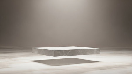 A minimalist gray stone podium with soft light and a distinct shadow sits on a reflective marbled...
