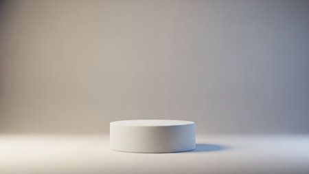 A clean white cylindrical pedestal sits on a light grey surface, illuminated by soft studio lighting creating subtle...の写真素材