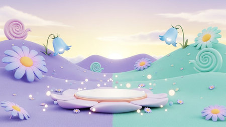 A whimsical 3D rendered fantasy landscape pastel purple and teal rolling hills adorned with flowers and snails.の写真素材
