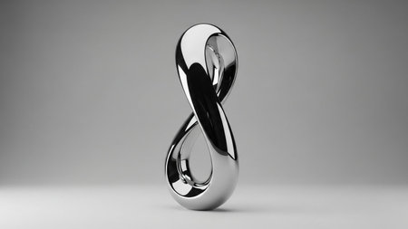 Gray showing sleek silver infinity symbol sculpture on a gradient gray background.の写真素材