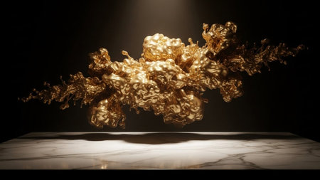 Surface showing molten gold liquid splash abstract form suspended above a marble surface with...