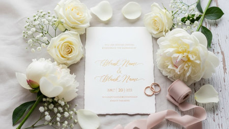 A wedding invitation is surrounded by white roses, peonies, and a blush pink silk ribbon on a light...