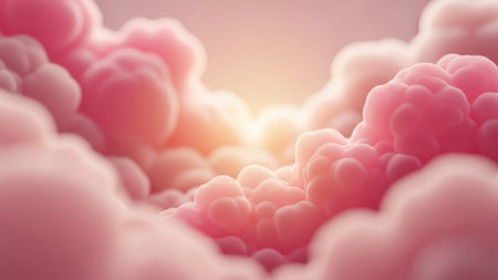 Light showing soft focus pink and orange clouds with glowing light in the center.の写真素材