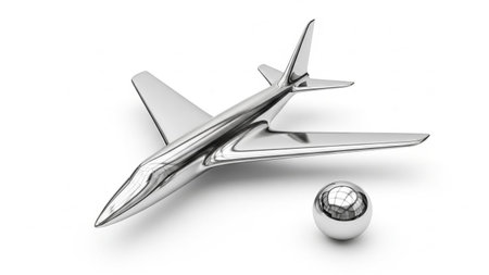 A sleek chrome airplane model and a matching metallic sphere are presented on a clean white background with subtle...の写真素材