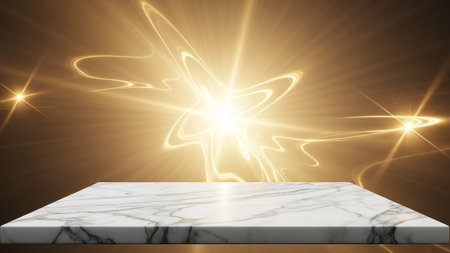 A white marble platform rests in front of a dynamic golden abstract background with bright light streaks and a...の写真素材