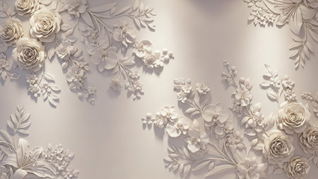 Intricate white floral bas relief sculpture featuring roses and orchids, creating a delicate, textured pattern on a...の写真素材