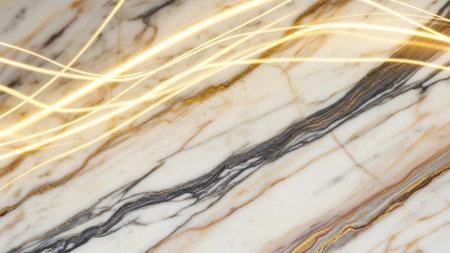 A close-up of white marble with intricate gold and black veins is overlaid with glowing golden light...