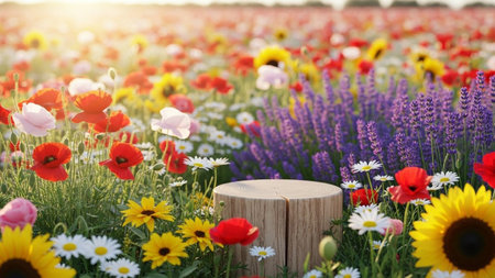 A sun-drenched wildflower meadow bursting with red poppies, purple lavender, yellow sunflowers, and white daisies,...の写真素材