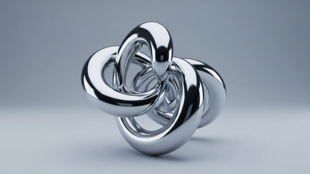 A highly polished chrome sculpture of an intricate interlocking knot sits on a smooth, light gray studio surface...の写真素材