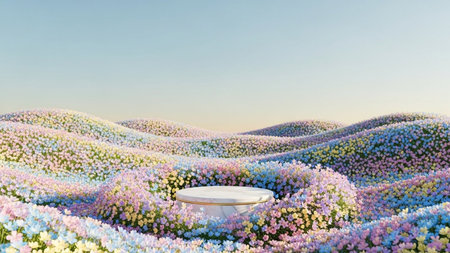 A marble podium rests on rolling hills covered in a vibrant mix of pastel pink blue and yellow flowers under a clear...の写真素材