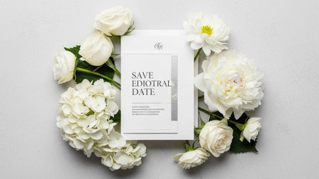 A flat lay composition of white flowers and greenery surrounds a wedding save the date card with a...