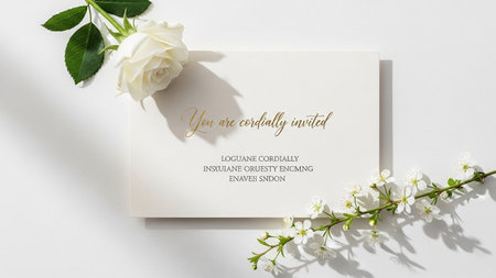 Surface showing white invitation card with gold script text and a delicate white rose and blooming branch on a white...の写真素材