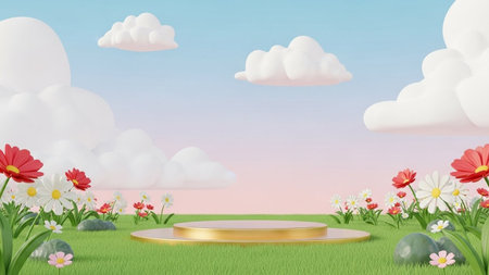 Green showing whimsical 3d rendered scene with a golden podium on green grass surrounded by colorful...