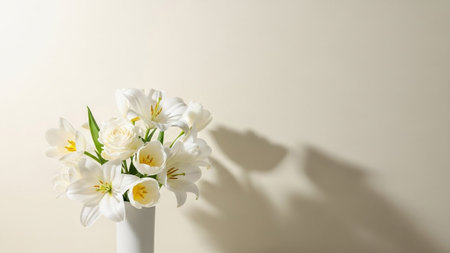 showing white floral arrangement in a simple vase with soft shadow. resolutionの写真素材