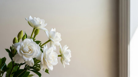 Gardenia showing delicate white gardenia flowers with green leaves and soft background.の写真素材