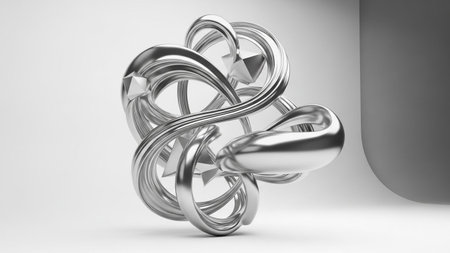 An intricate silver metallic sculpture with smooth, intertwined curves and sharp geometric is...