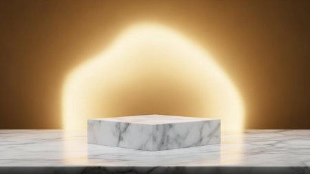 A polished marble square pedestal rests on a marble surface, illuminated by a soft, abstract golden light against a...の写真素材