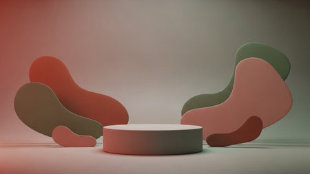 Cylindrical showing minimalist 3d rendering of abstract organic shapes and a cylindrical podium....