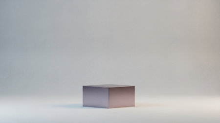 Light showing minimalist metallic cube pedestal on a light gray seamless background with soft...