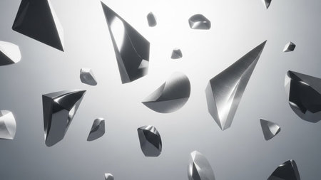 Sharp metallic geometric shards and fragments float in a bright white gradient light, creating an...