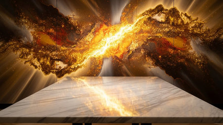 Golden showing polished marble tabletop reflecting a fiery golden abstract nebula explosion...
