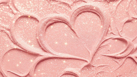 Cosmetic showing textured pink cosmetic cream with glitter and heart shape swirl. resolutionの写真素材