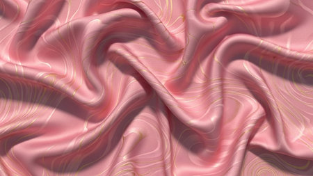 Close-up view of pink silk fabric with intricate swirling gold patterns, showcasing soft folds and...