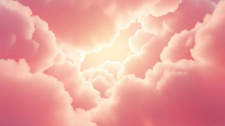 Soft pink and orange clouds are illuminated by a bright golden sunlight, creating a dreamy, ethereal...
