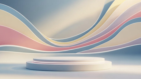 A minimalist white podium with a glowing light ring is positioned below a flowing abstract wave of pastel colored...の写真素材