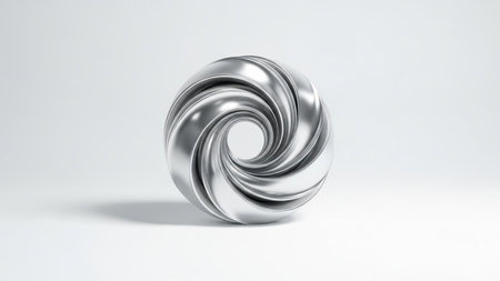 A highly polished metallic silver abstract geometric shape with swirling, curved surfaces sits on a...