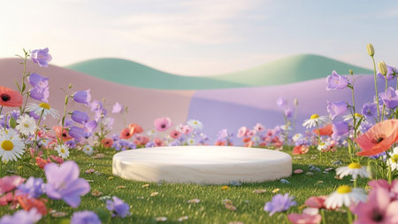 Pastel showing spring meadow podium display with pastel hills and blooming flowers in soft sunlight. resolution...の写真素材