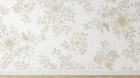 A delicate floral wallpaper pattern muted beige and grey flowers and leaves against a soft white...
