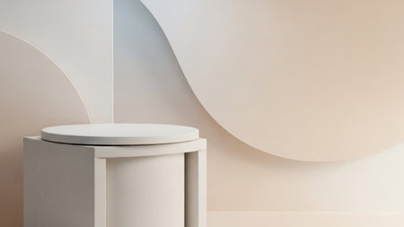 A minimalist beige podium with a curved wall backdrop is presented in soft, neutral lighting for product display.の写真素材