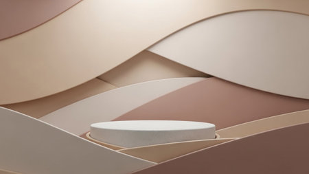 A minimalist 3D render a textured white podium against a backdrop of flowing, soft pastel waves in...