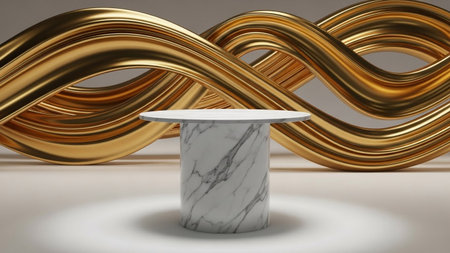A white marble cylinder podium with a round is positioned in front of a dramatic backdrop of...