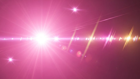 A bright pink lens flare with a starburst effect emanates light streaks and bokeh against a dark...
