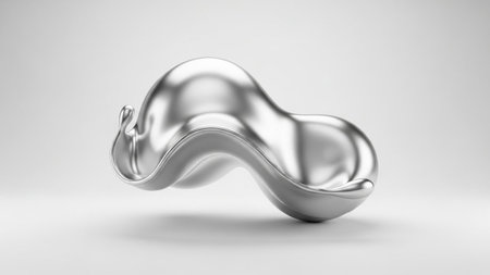 With showing abstract silver liquid metal sculpture with smooth organic curves and reflective...