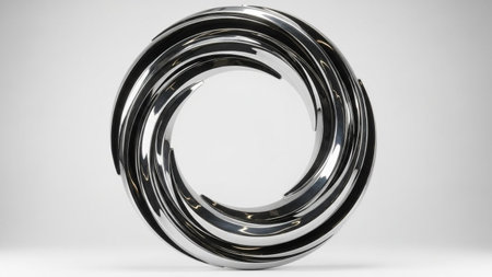 A polished chrome metallic sculpture with swirling internal curves forms a circular shape against a...