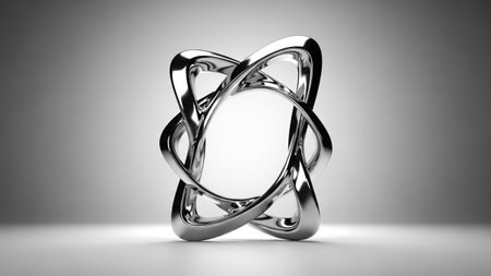 A polished chrome abstract sculpture featuring intertwined loops is displayed against a smooth...