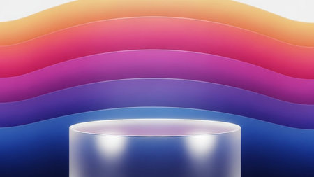 Glass showing abstract gradient waves above a frosted glass cylinder pedestal stage with soft...