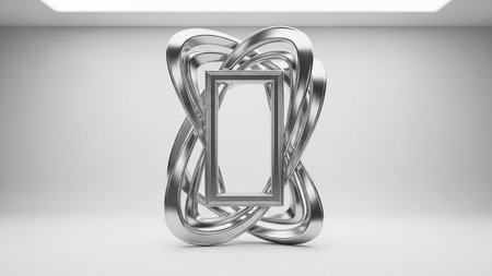 With showing abstract silver sculpture with intertwined loops and rectangular frame. resolutionの写真素材