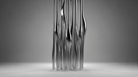 Polished chrome vertical rods form an abstract sculpture with fluid, wavy distortions, reflecting light and creating...の写真素材