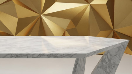 A close-up view showcases the polished surface of a modern marble table with a striking geometric...