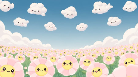 Cute cartoon flower field under a blue sky with happy smiling clouds.の写真素材