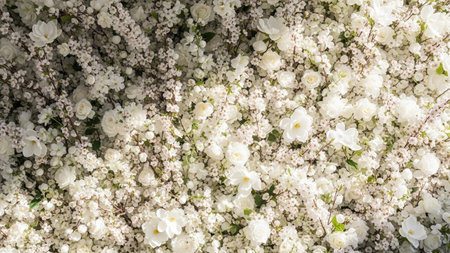 A dense wall covered in numerous white roses and small cherry blossoms, creating a rich and intricate floral texture.の写真素材