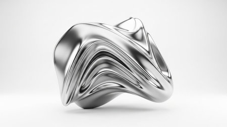 A polished silver metallic sculpture with fluid, wavy contours and highly reflective surfaces is presented on a...の写真素材