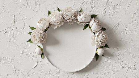 131402 showing circular arrangement of soft white peony flowers and green leaves on a textured white surface.の写真素材