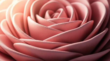A close-up macro view reveals the intricate unfurling of soft pink rose petals with a textured surface bathed in...の写真素材