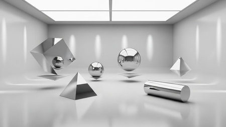 Floating showing chrome geometric shapes including spheres pyramids cubes and cylinders floating in a sleek white...の写真素材